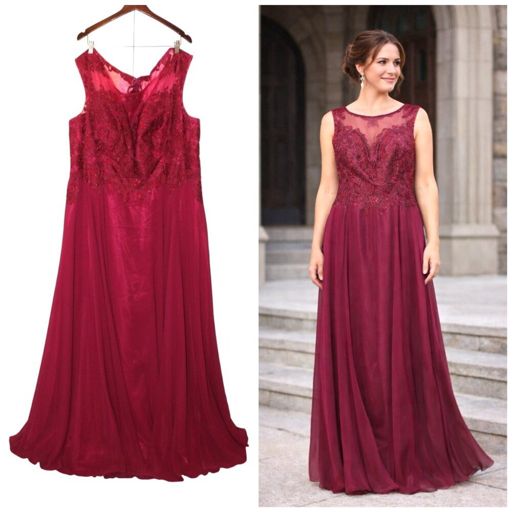NWT JULIET Chiffon Maxi Dress size 4XL Embellished Gown Burgundy sleeveless Gown